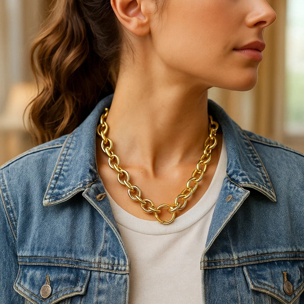 14K Yellow Gold Round Link Chain Necklace, view 4