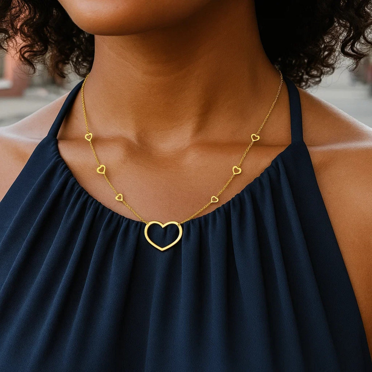 14K Yellow Gold Open Heart Station Necklace, view 5