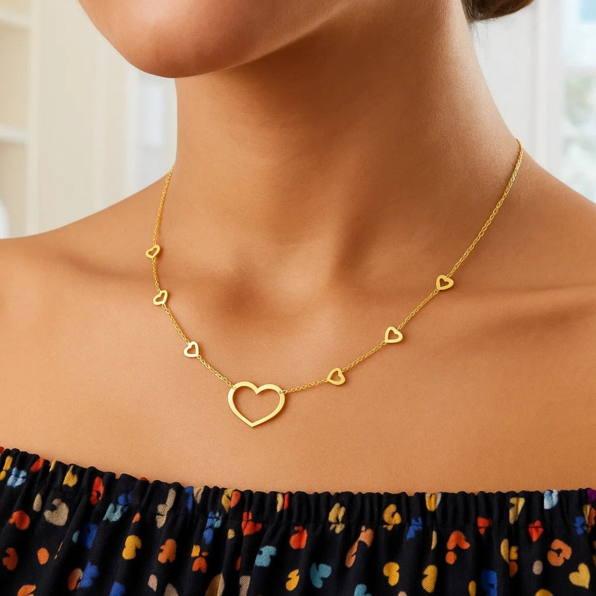 14K Yellow Gold Open Heart Station Necklace, view 6