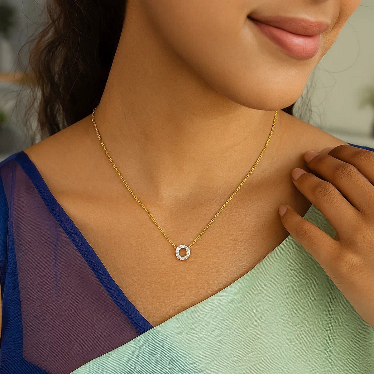14K Yellow Gold Mini Diamond O Initial Pendant Necklace, view 4