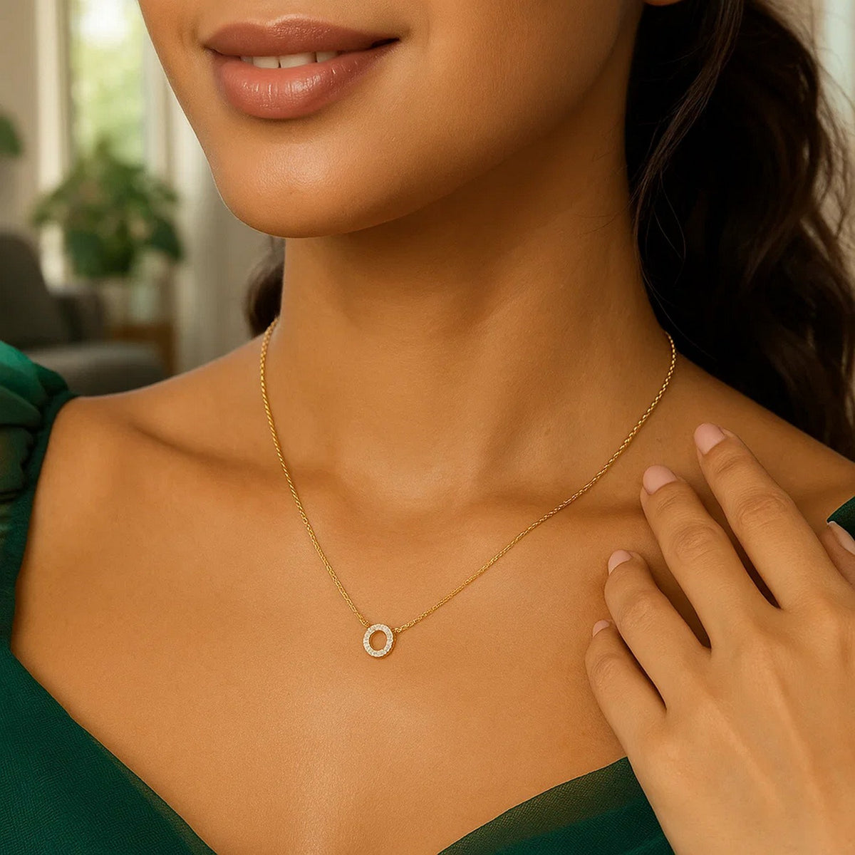 14K Yellow Gold Mini Diamond O Initial Pendant Necklace, view 5