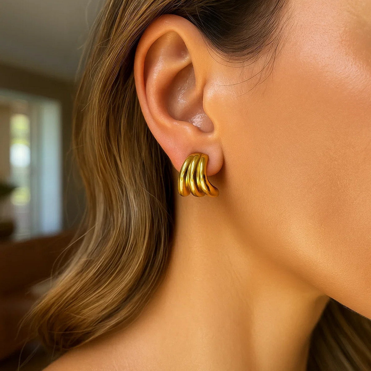 14K Yellow Gold Triple Row Splayed Hoop Earrings, view 2