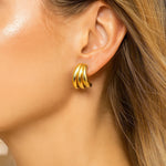 14K Yellow Gold Triple Row Splayed Hoop Earrings, view 3