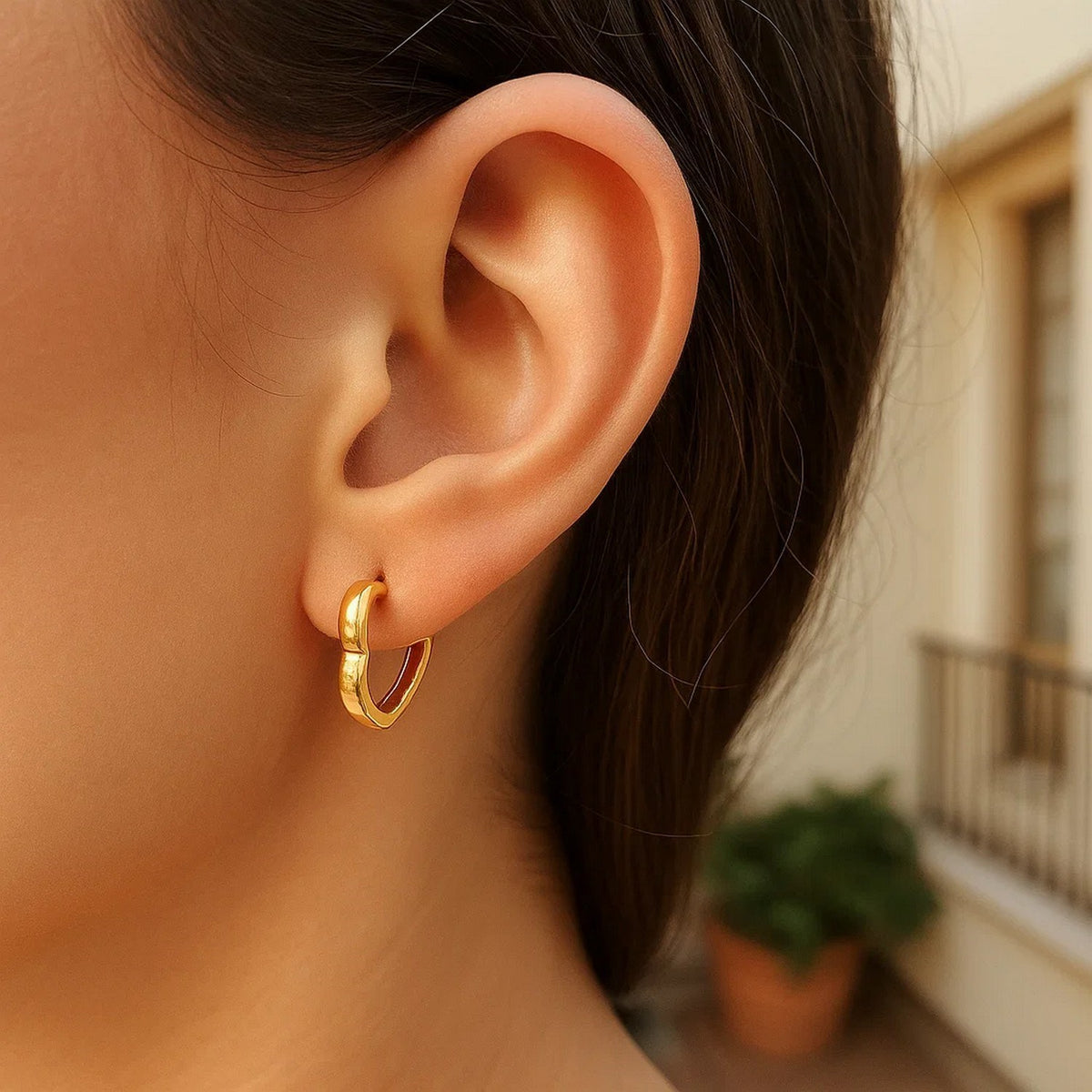 14K Yellow Gold Heart Huggie Hoops, view 3