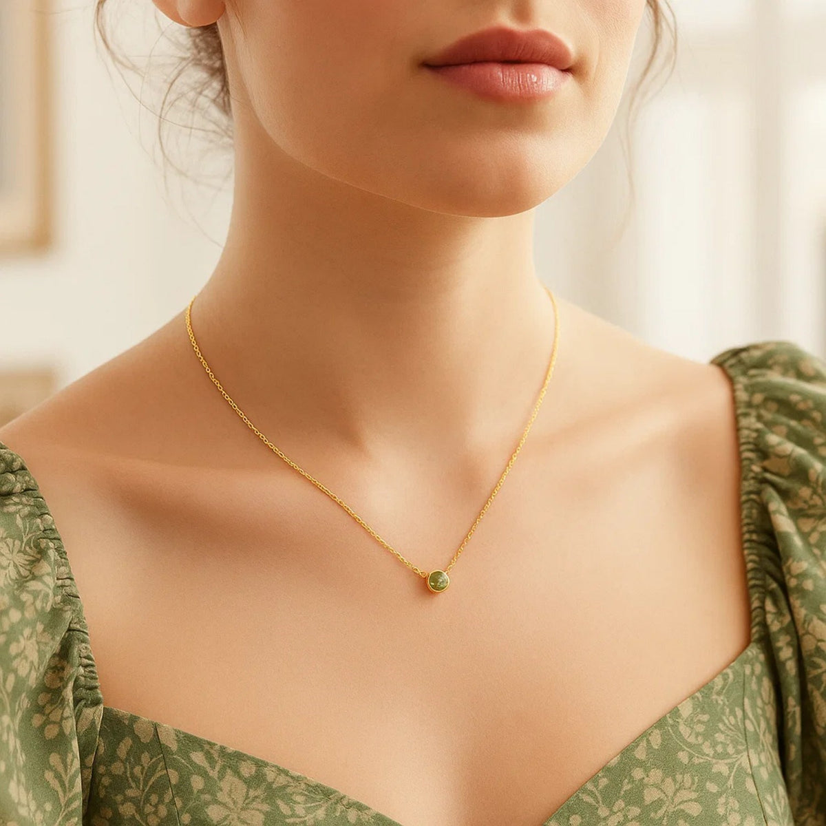 14K Yellow Gold 17 inch Necklace with Round Peridot, view 6