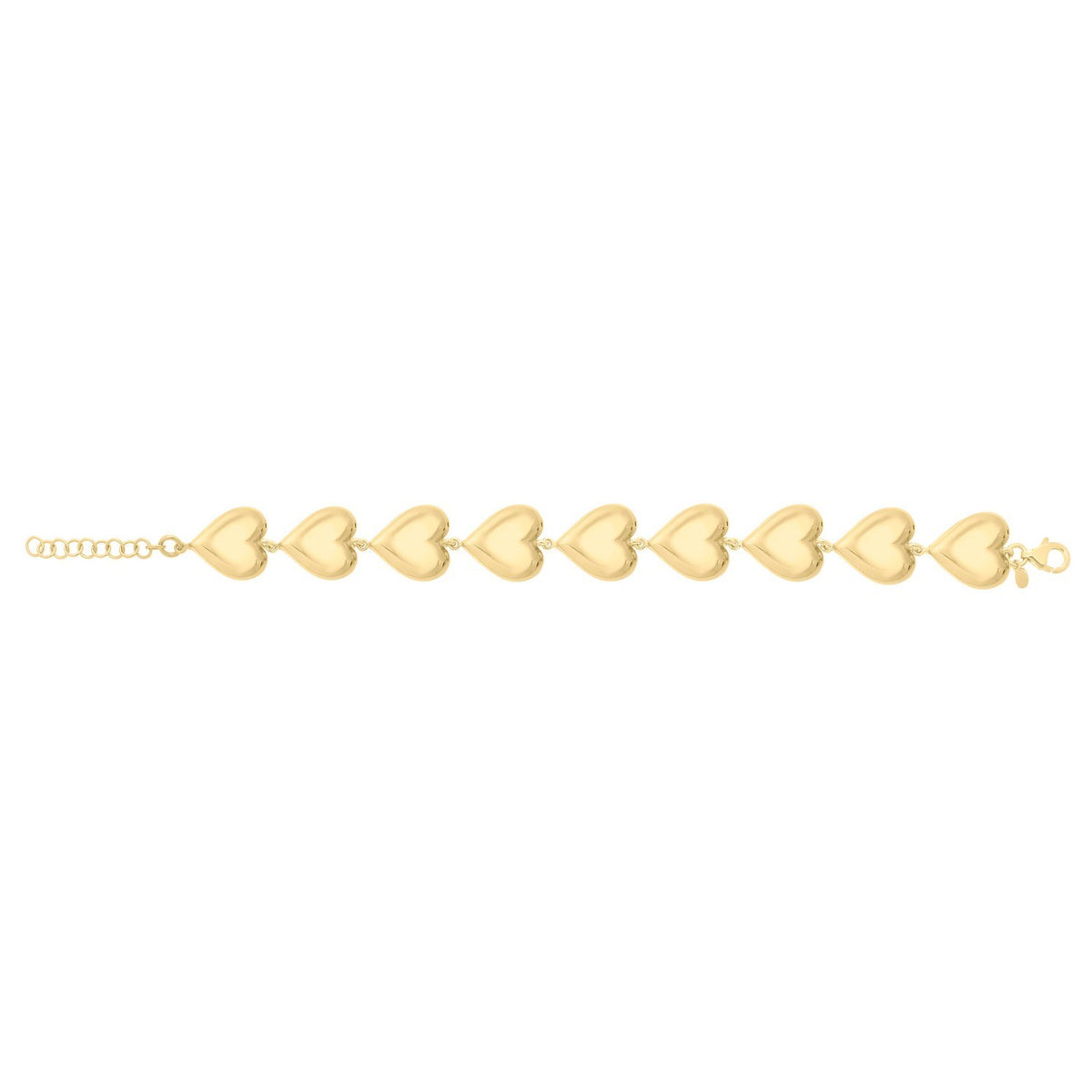 Sterling Silver Yellow Gold Plated Puffed Hearts Bracelet, view 2
