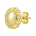 14K Yellow Gold Roman Numeral Button Stud Earrings, view 2