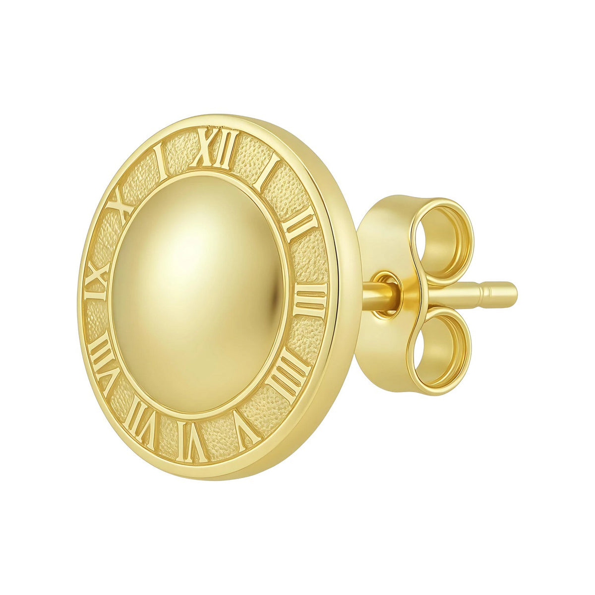 14K Yellow Gold Roman Numeral Button Stud Earrings, view 2