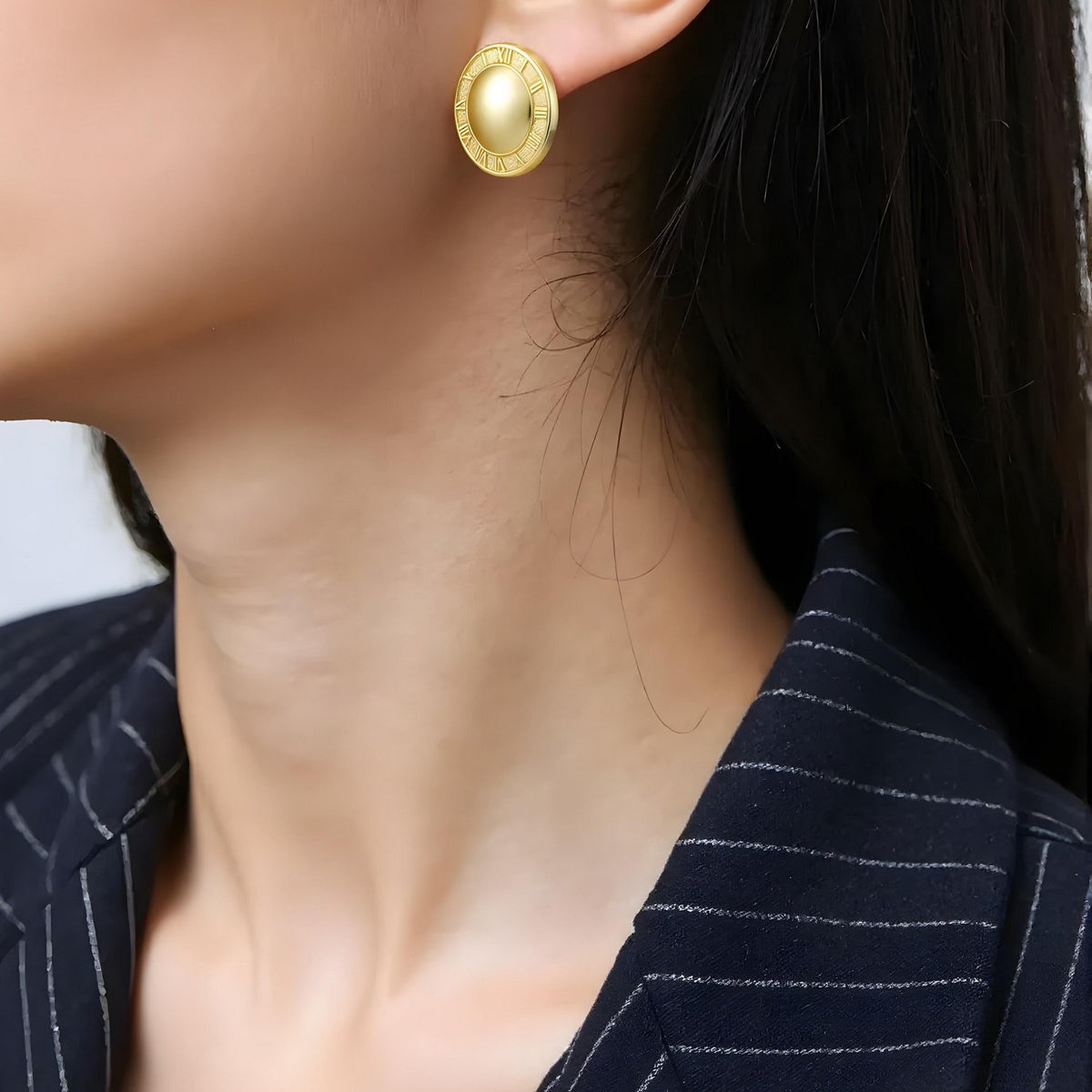 14K Yellow Gold Roman Numeral Button Stud Earrings, view 3