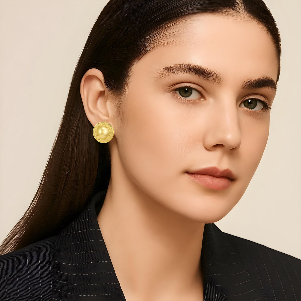 14K Yellow Gold Roman Numeral Button Stud Earrings, view 4