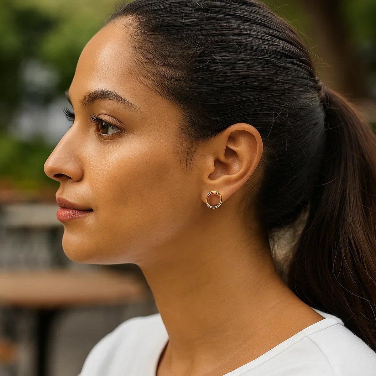 Open Circle Post Earrings in 14K Yellow Gold, view 3