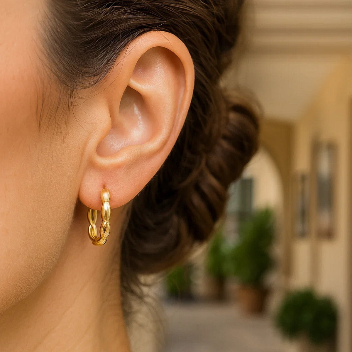 Medium Rice Hoop Earrings in 14K Yellow Gold, view 3