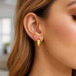 14K Yellow Gold Checkerboard Huggie Hoop Earrings, view 4