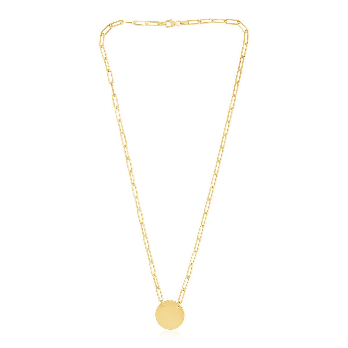 14K Yellow Gold High Polish Circle Disc Paperclip Link Necklace