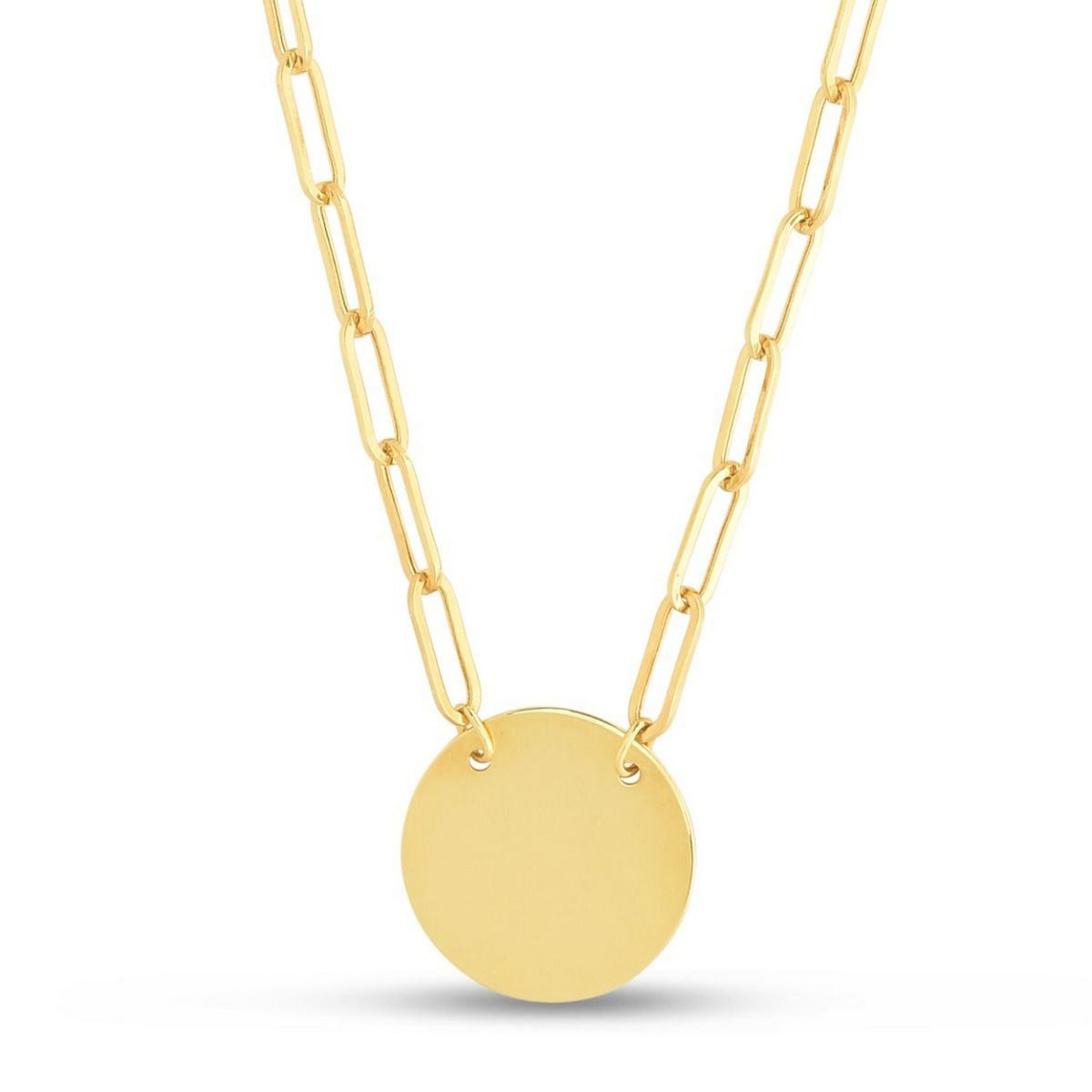 14K Yellow Gold High Polish Circle Disc Paperclip Link Necklace, view 2