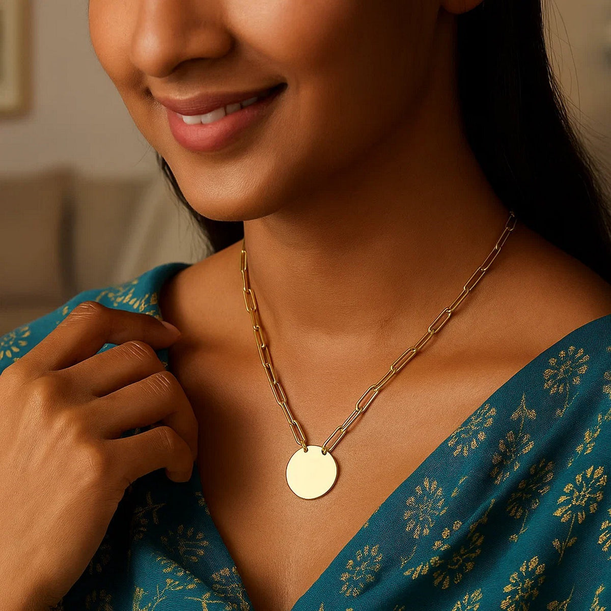 14K Yellow Gold High Polish Circle Disc Paperclip Link Necklace, view 6
