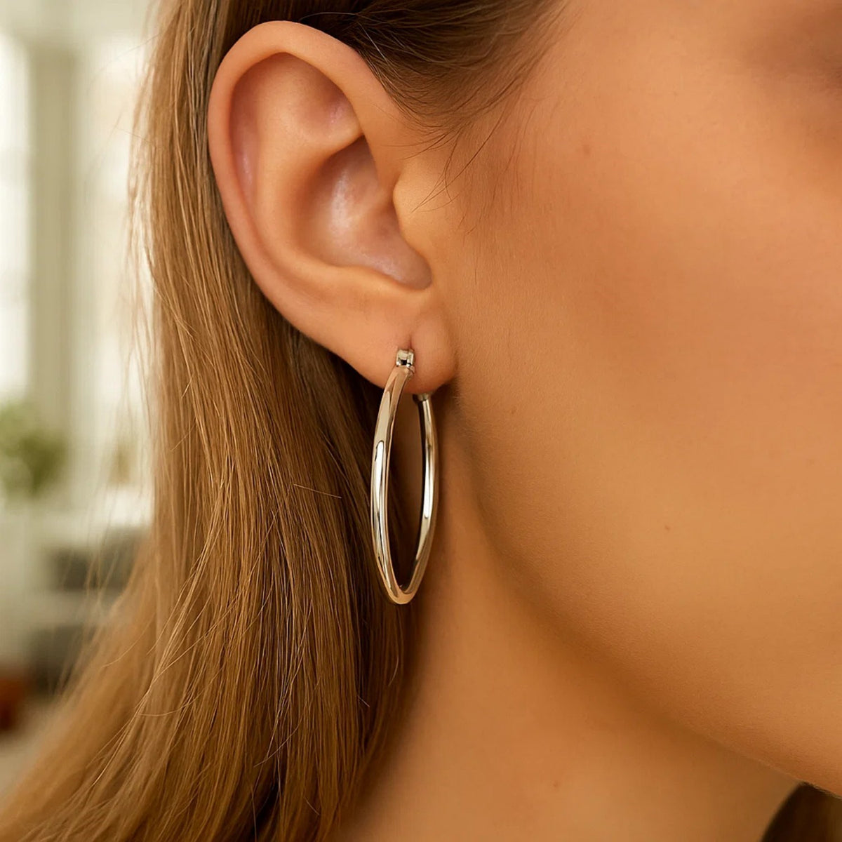 Sterling Silver Rhodium Plated Large Polished Classic Hoop Earrings (3x40.00 mm), view 2