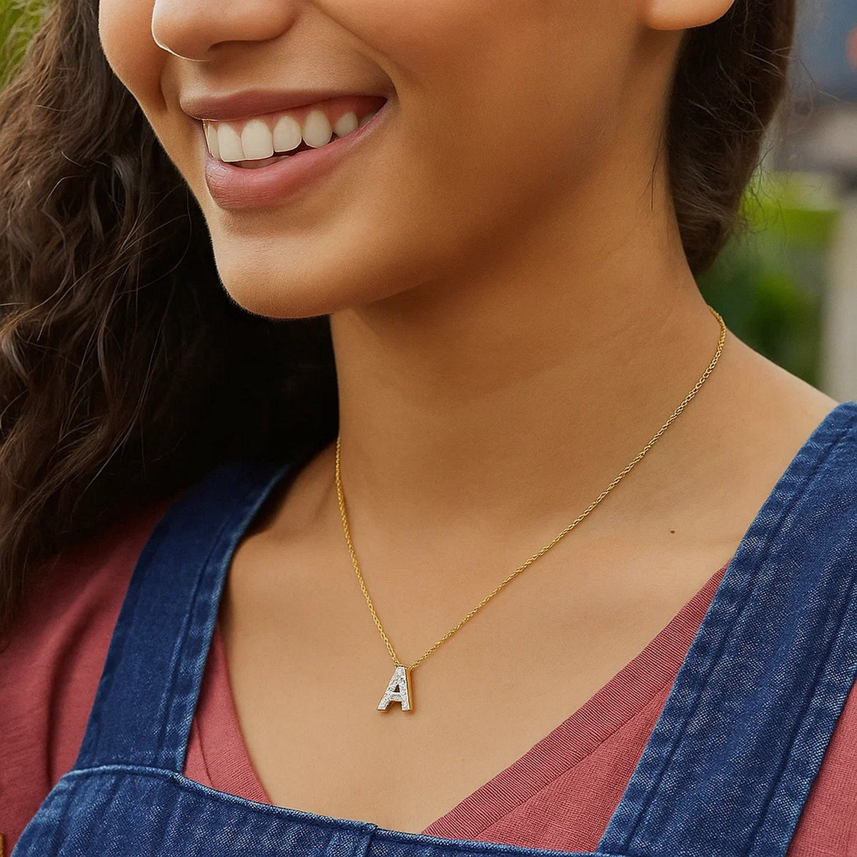 14K Yellow Gold Mini Diamond A Initial Pendant Necklace, view 4