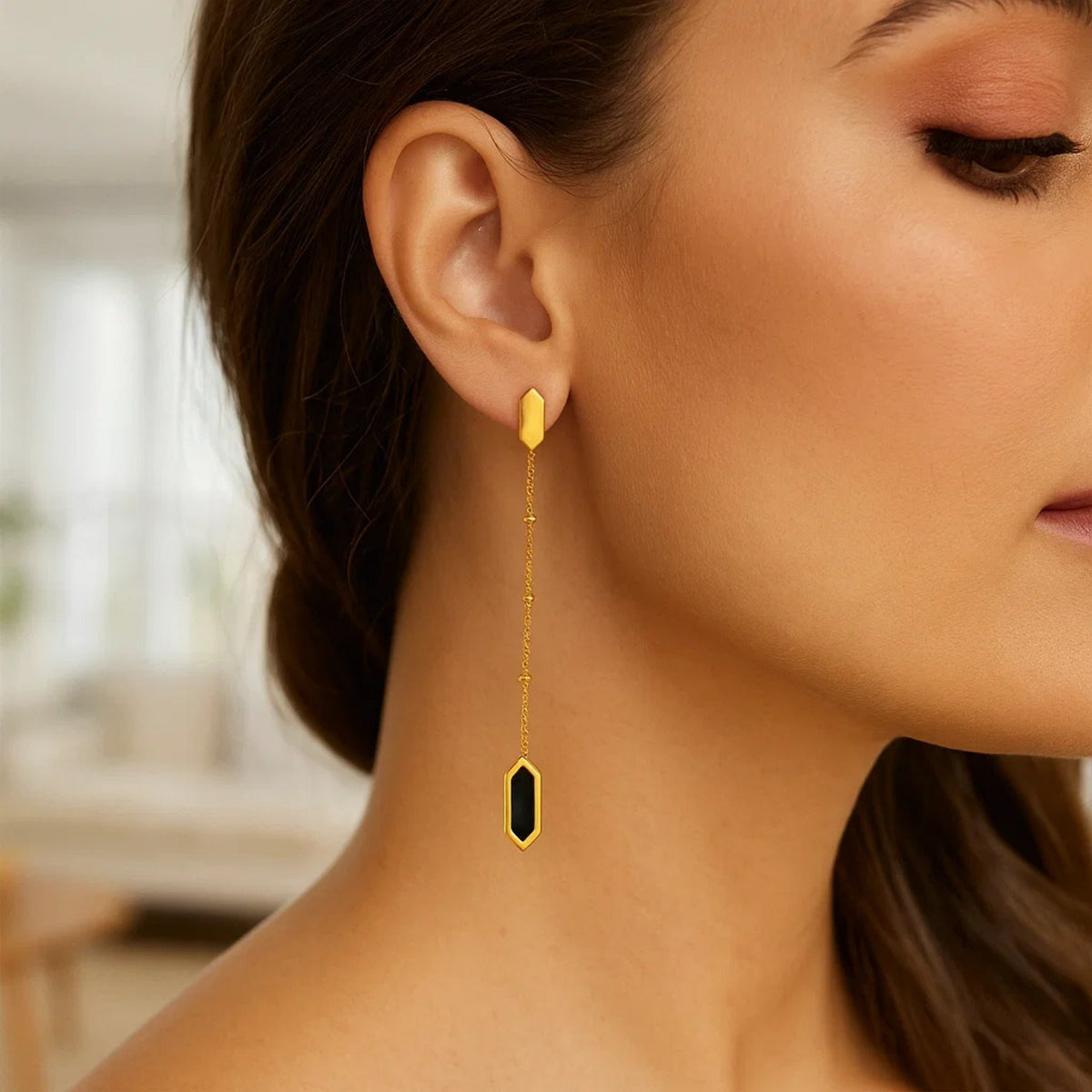 14K Yellow Gold Hexagon Onyx Drop Earrings, view 3