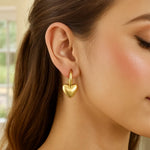 14K Yellow Gold Puffy Heart Dangle Huggie Hoops Earrings, view 2