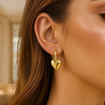 14K Yellow Gold Puffy Heart Dangle Huggie Hoops Earrings, view 3