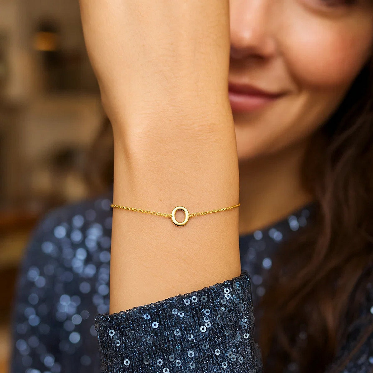 14K Yellow Gold Mini Initial O Bracelet, view 4