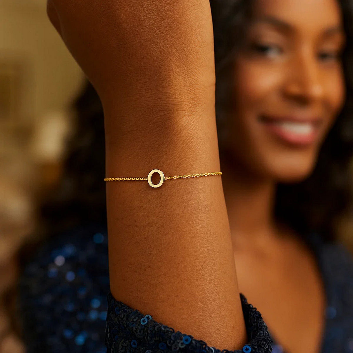 14K Yellow Gold Mini Initial O Bracelet, view 5