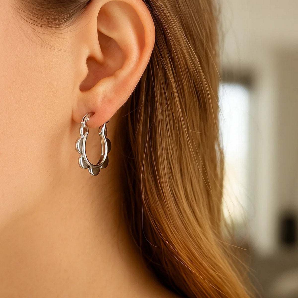 14K White Gold Scalloped Hoop Earrings, view 3