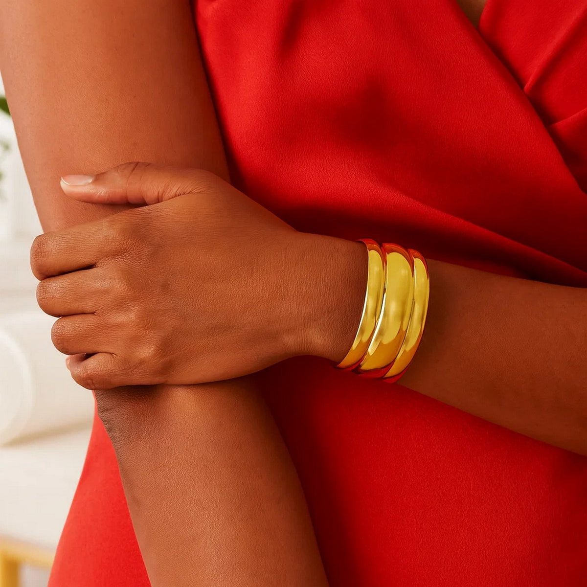 Sterling Silver Gold Plated Bold Ribbed Cuff Bangle (25.00 mm), view 5