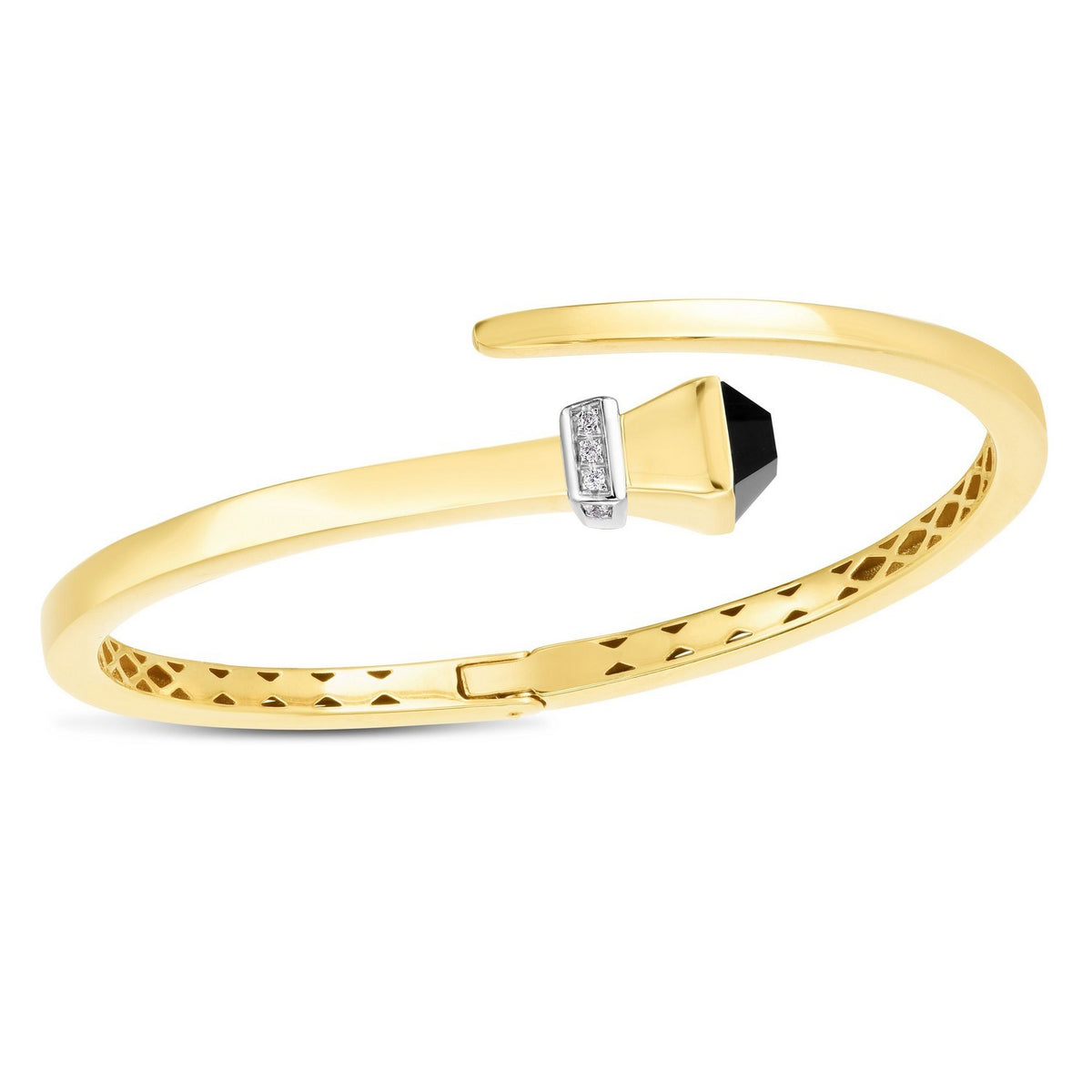 14K Yellow Gold Crossover Style Hinged Bangle Bracelet with Onyx (3.40 mm), view 2