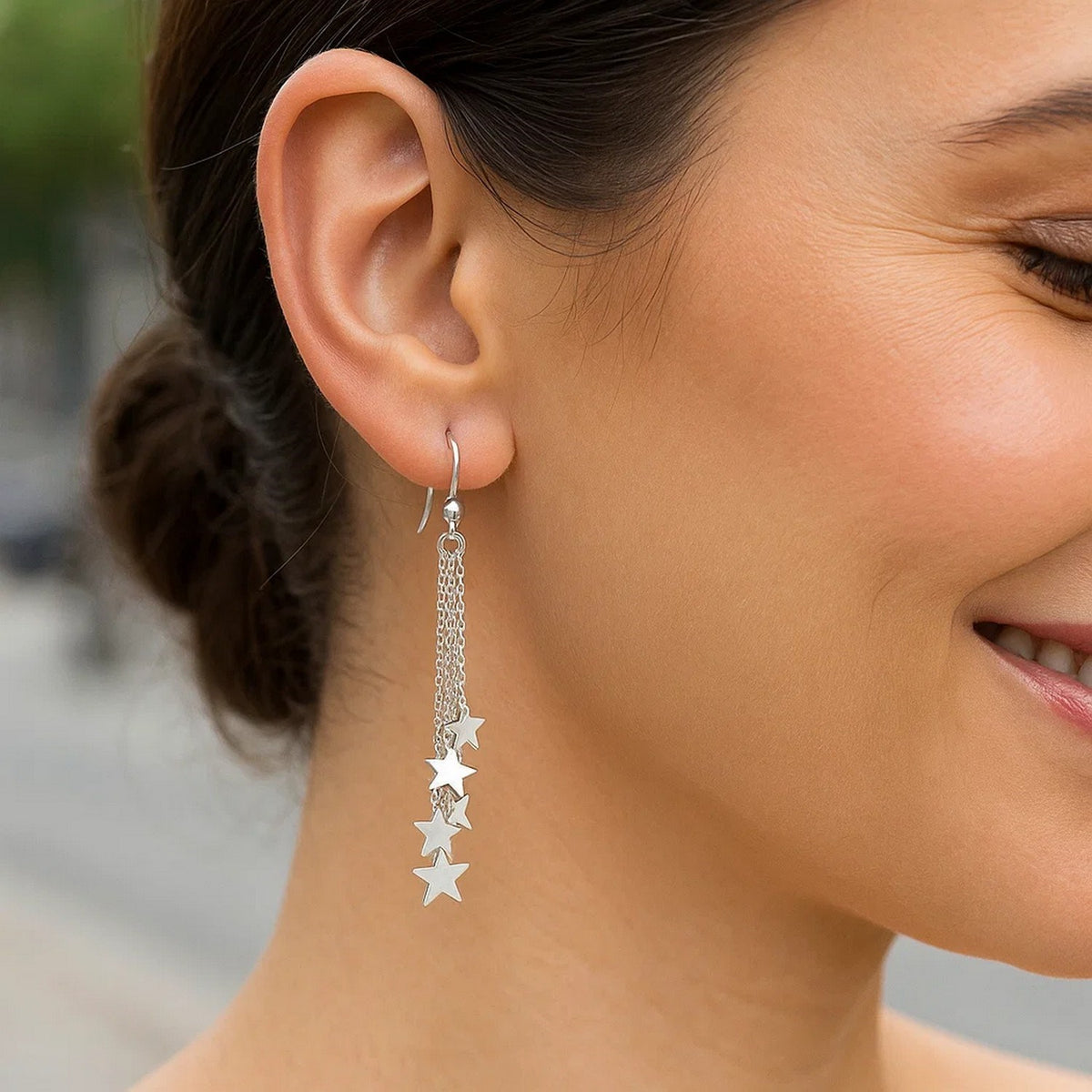 Sterling Silver Tassel Earrings with Polished Stars, view 3