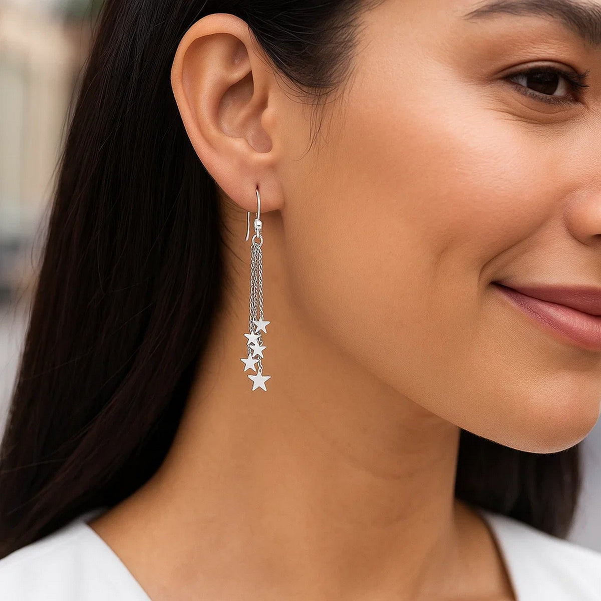 Sterling Silver Tassel Earrings with Polished Stars, view 5