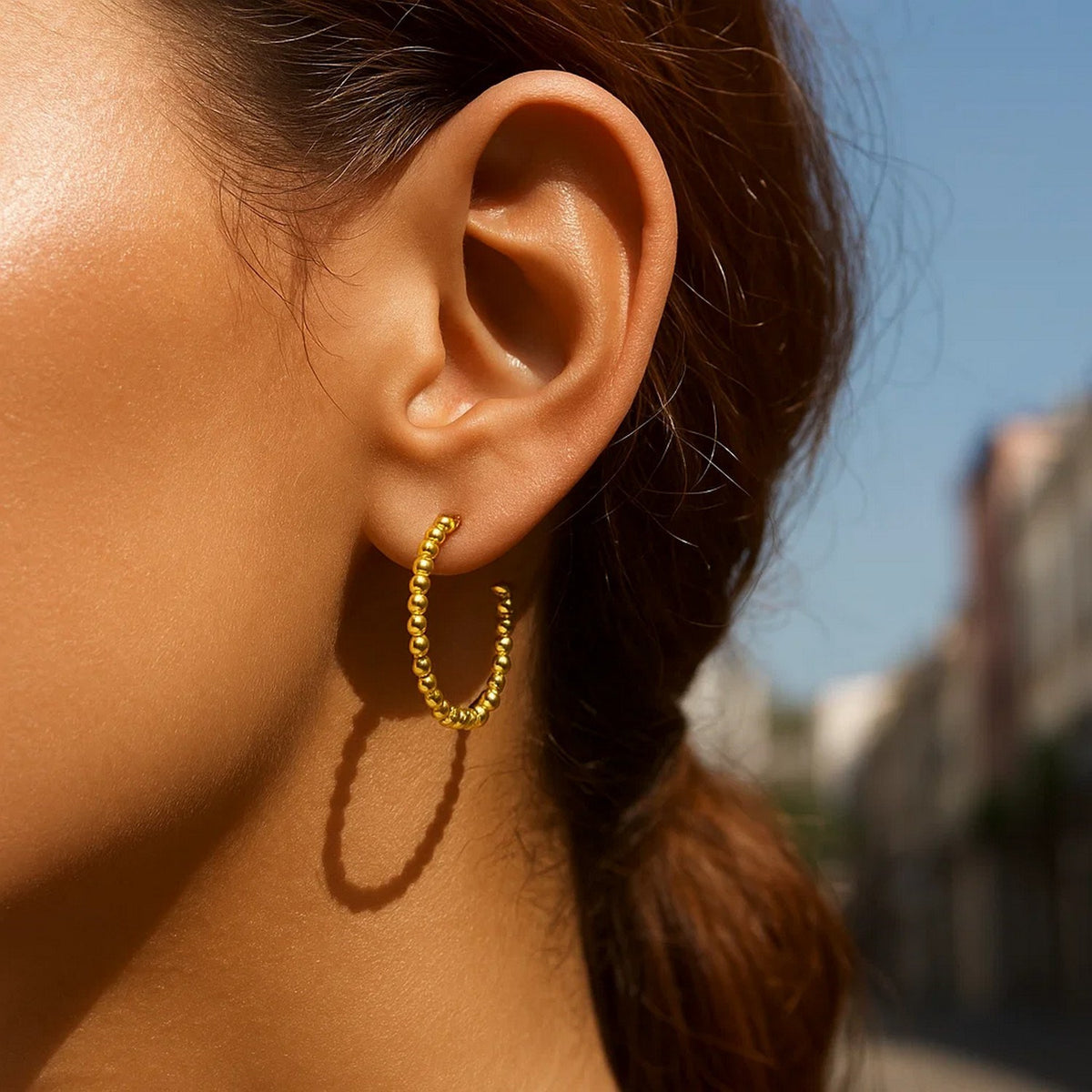 14K Yellow Gold Bead Hoop Earrings (2x23.40 mm), view 2