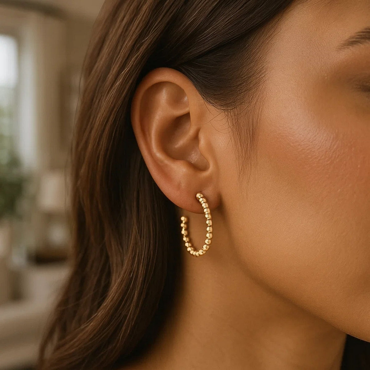14K Yellow Gold Bead Hoop Earrings (2x23.40 mm), view 3