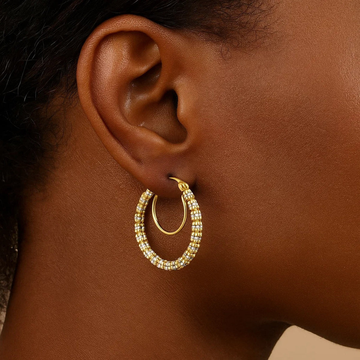 14K Two Tone Gold Iced Round Hoop Earrings, view 2