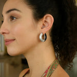 Sterling Silver Rhodium Plated Small Puffed Hoop Earrings, view 2