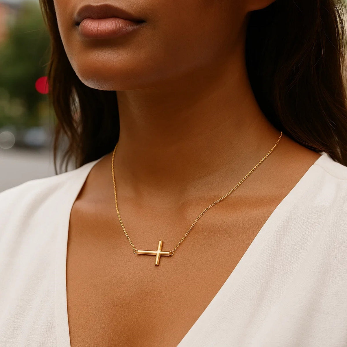 14K Yellow Gold Necklace with a Polished Cross Design, view 3