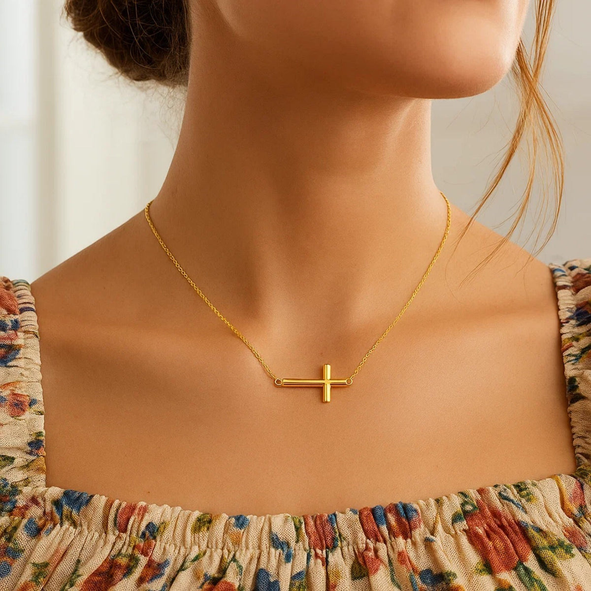 14K Yellow Gold Necklace with a Polished Cross Design, view 4