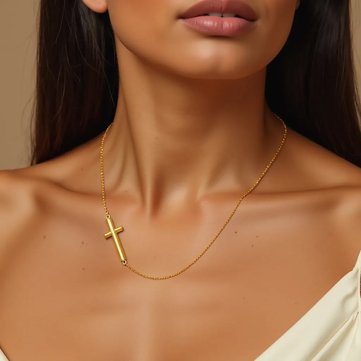 14K Yellow Gold Necklace with a Polished Cross Design, view 5