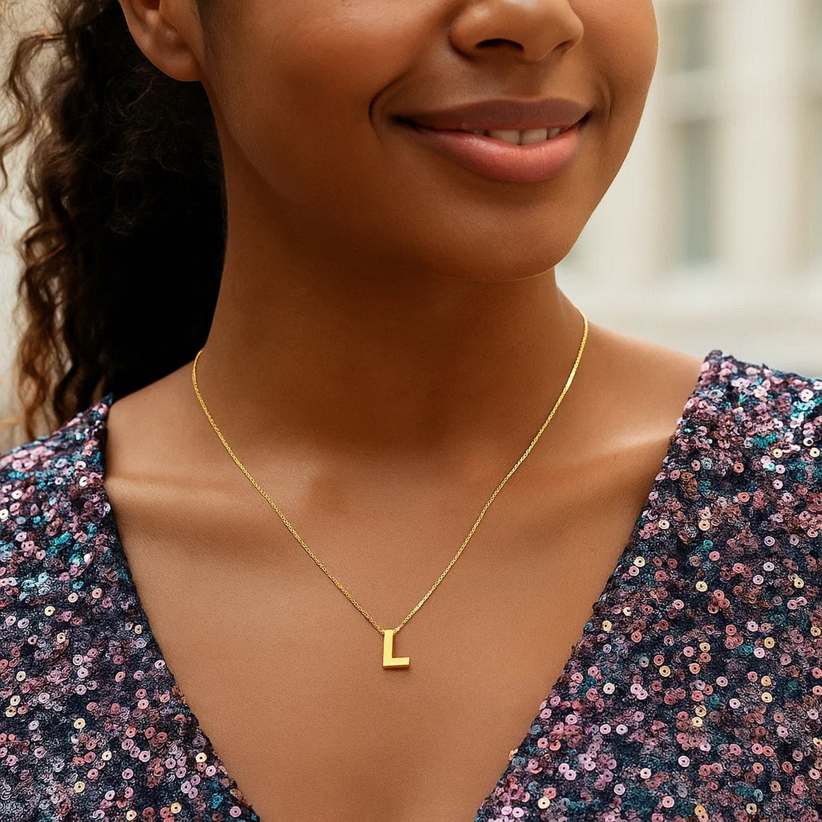 14K Yellow Gold Yours Truly Block Letter Initial L Necklace, view 3