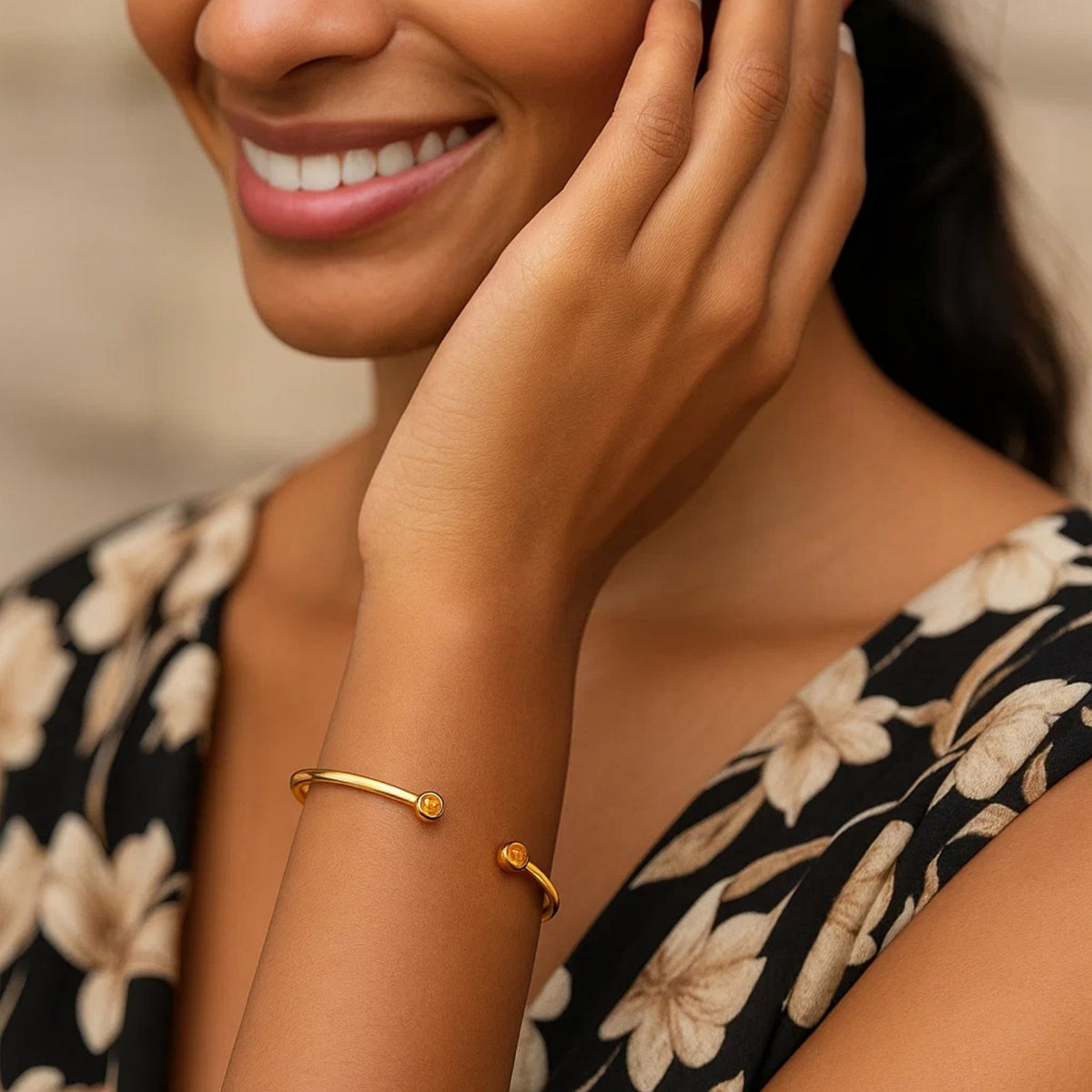 14K Yellow Gold Citrine Open Cuff Bangle (2.00 mm), view 4