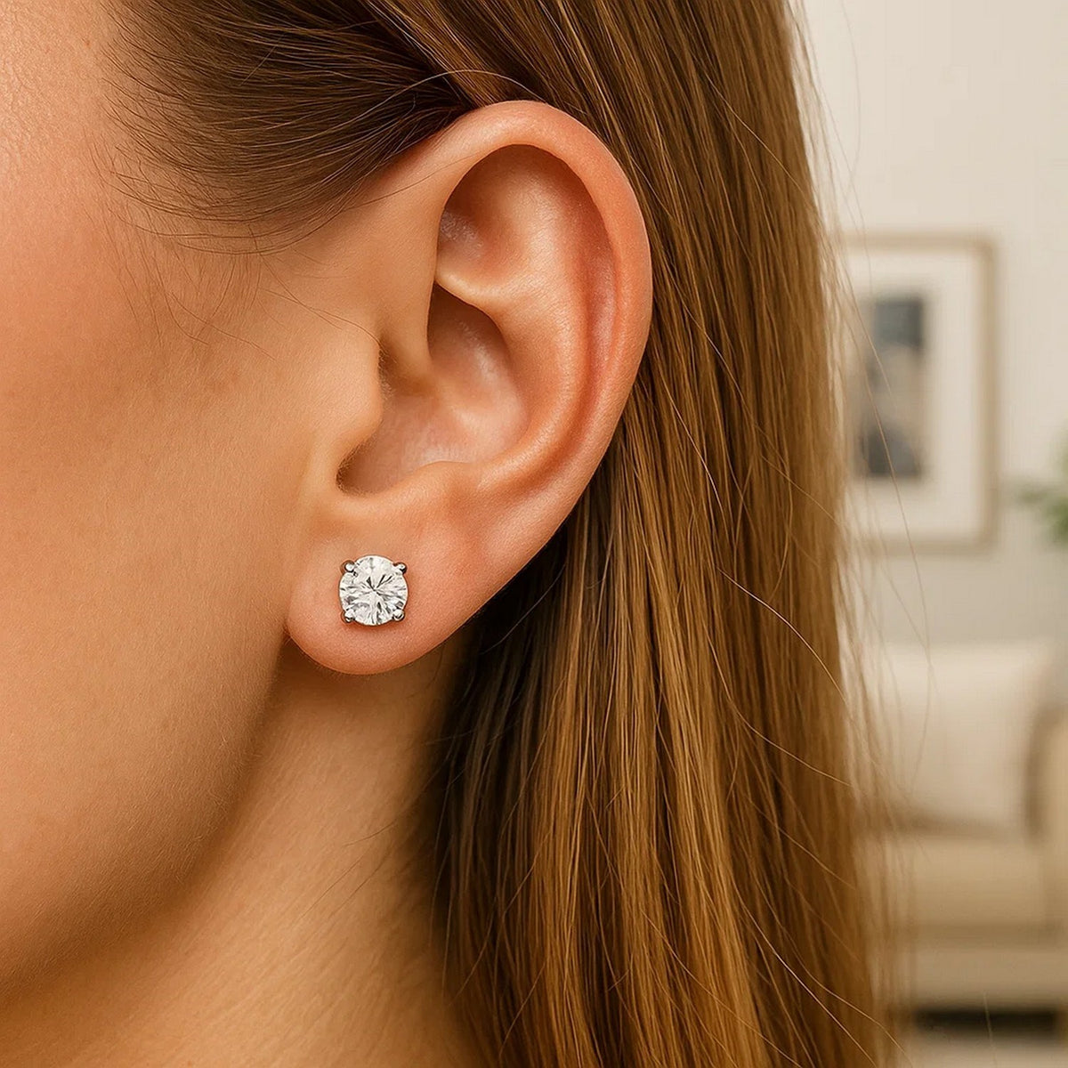 14K White Gold Stud Earrings with White Hue Faceted Cubic Zirconia (6.00 mm), view 5