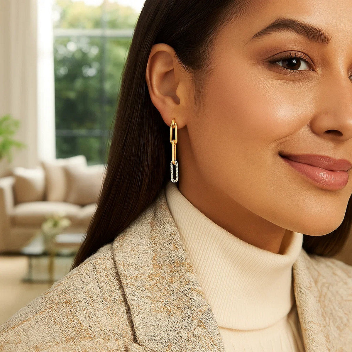 14K Yellow Gold Paperclip Chain Dangle Earrings with Diamonds, view 3