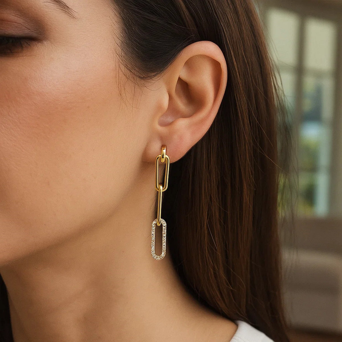 14K Yellow Gold Paperclip Chain Dangle Earrings with Diamonds, view 4