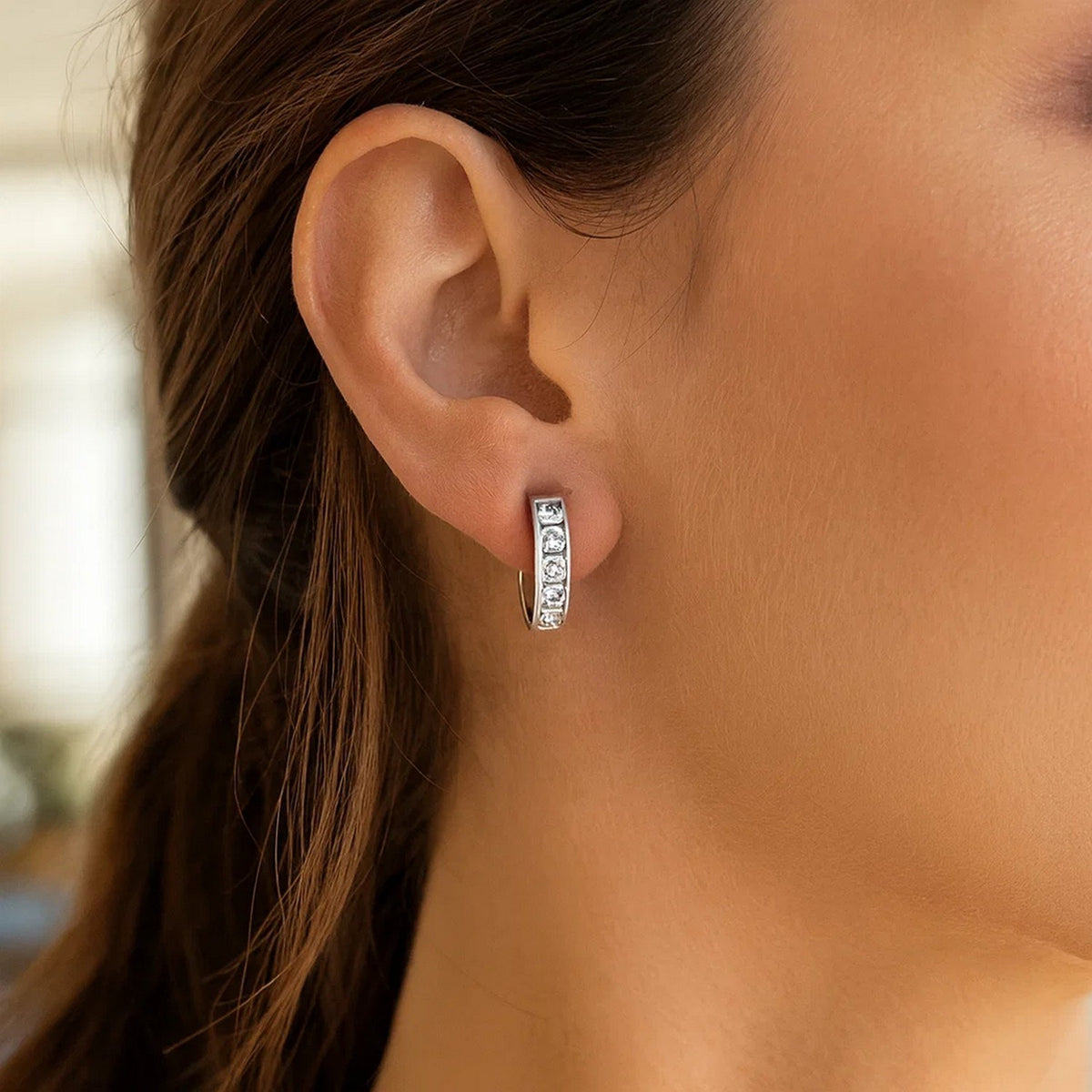 Sterling Silver Channel Set CZ Hoop Earrings (3x15.00 mm), view 2