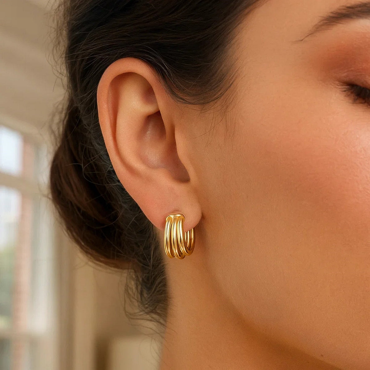 14K Yellow Gold Large Triple Row Hoop Earrings (15.00 mm), view 3