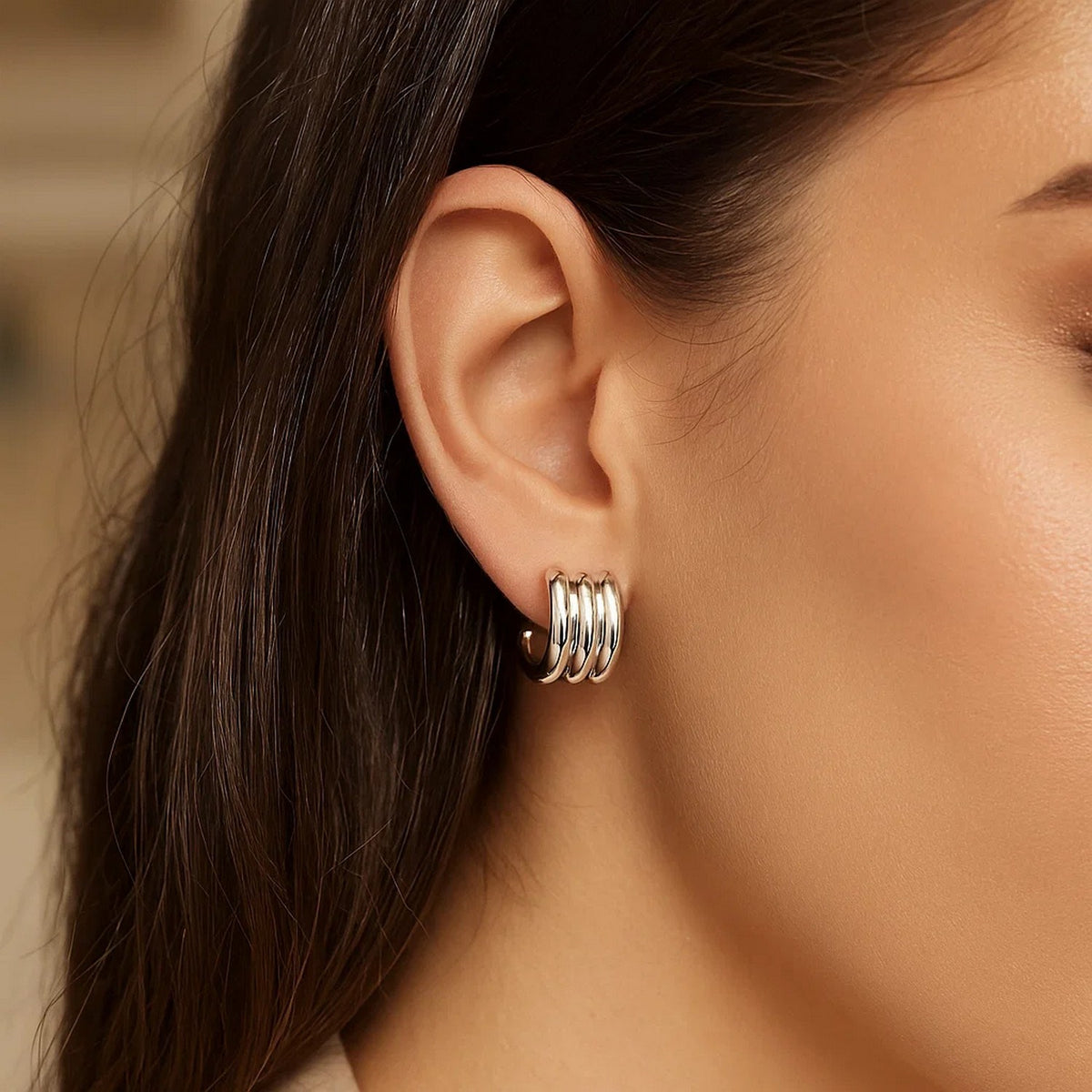 Sterling Silver Triple Row C Hoop Earrings, view 3
