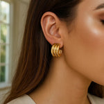 Sterling Silver Yellow Gold Plated Triple Row C Hoop Earrings, view 3