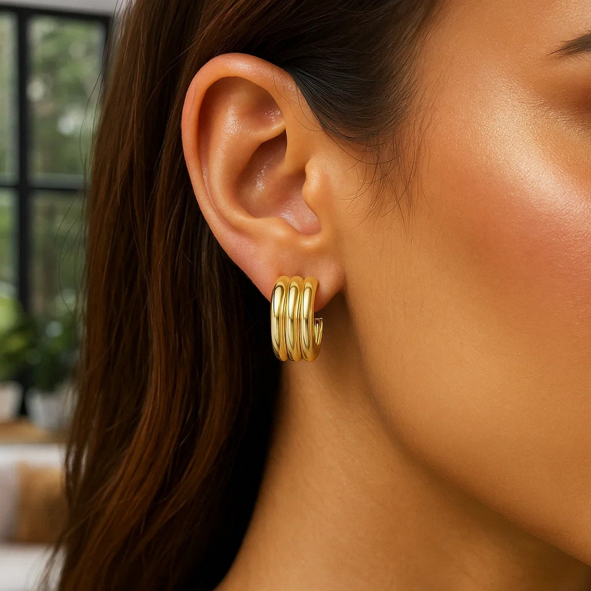 Sterling Silver Yellow Gold Plated Triple Row C Hoop Earrings, view 4