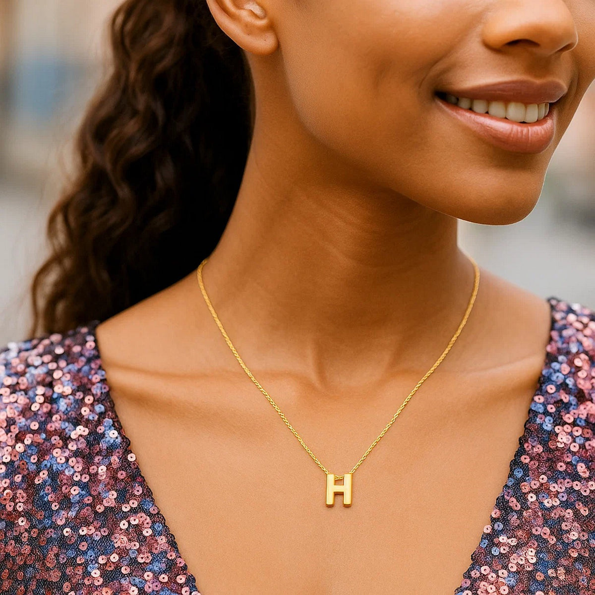 14K Yellow Gold Yours Truly Block Letter Initial H Necklace, view 3